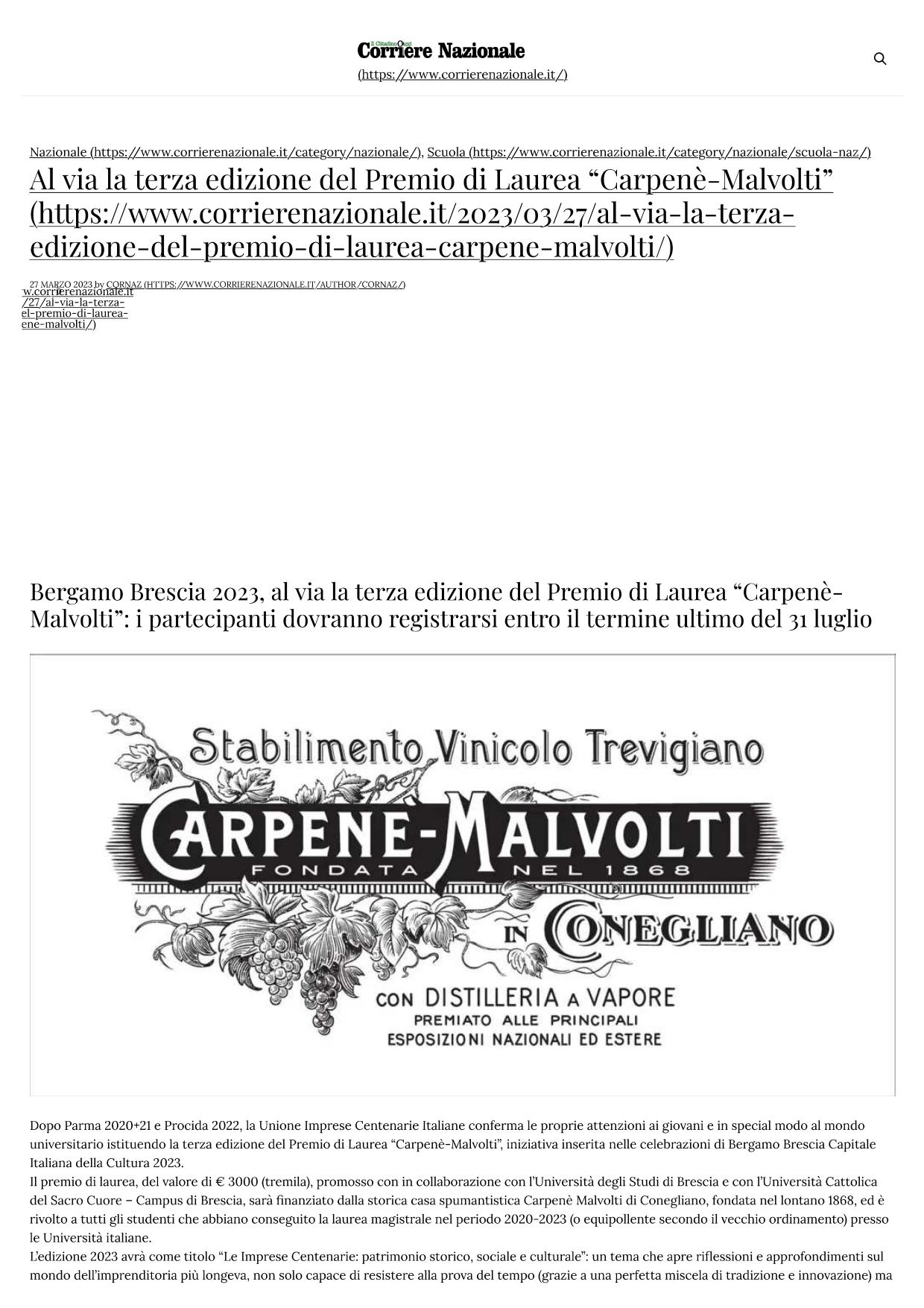 Corriere Nazionale Al via la terza edizione del Premio di Laurea Carpenè Malvolti 27 marzo 2023 page 0001