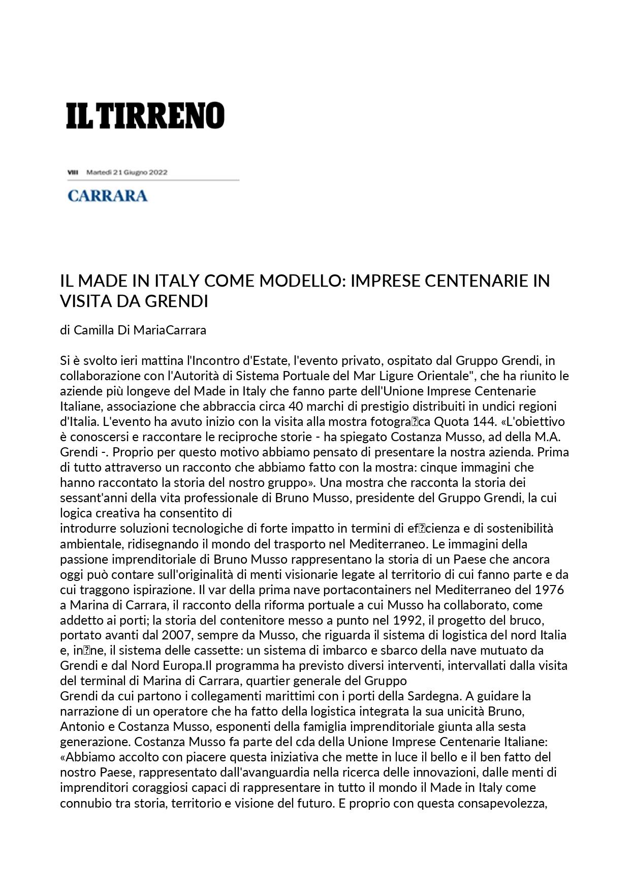 Il Tirreno Il Made in Italy come modello imprese centenarie in visita da Grendi 21 giugno 2022 page 0001