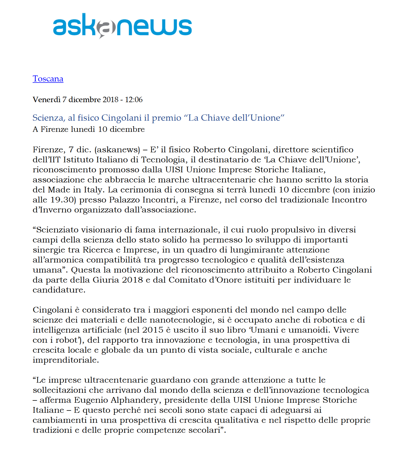 Askanews Scienza ala fisico cingolani
