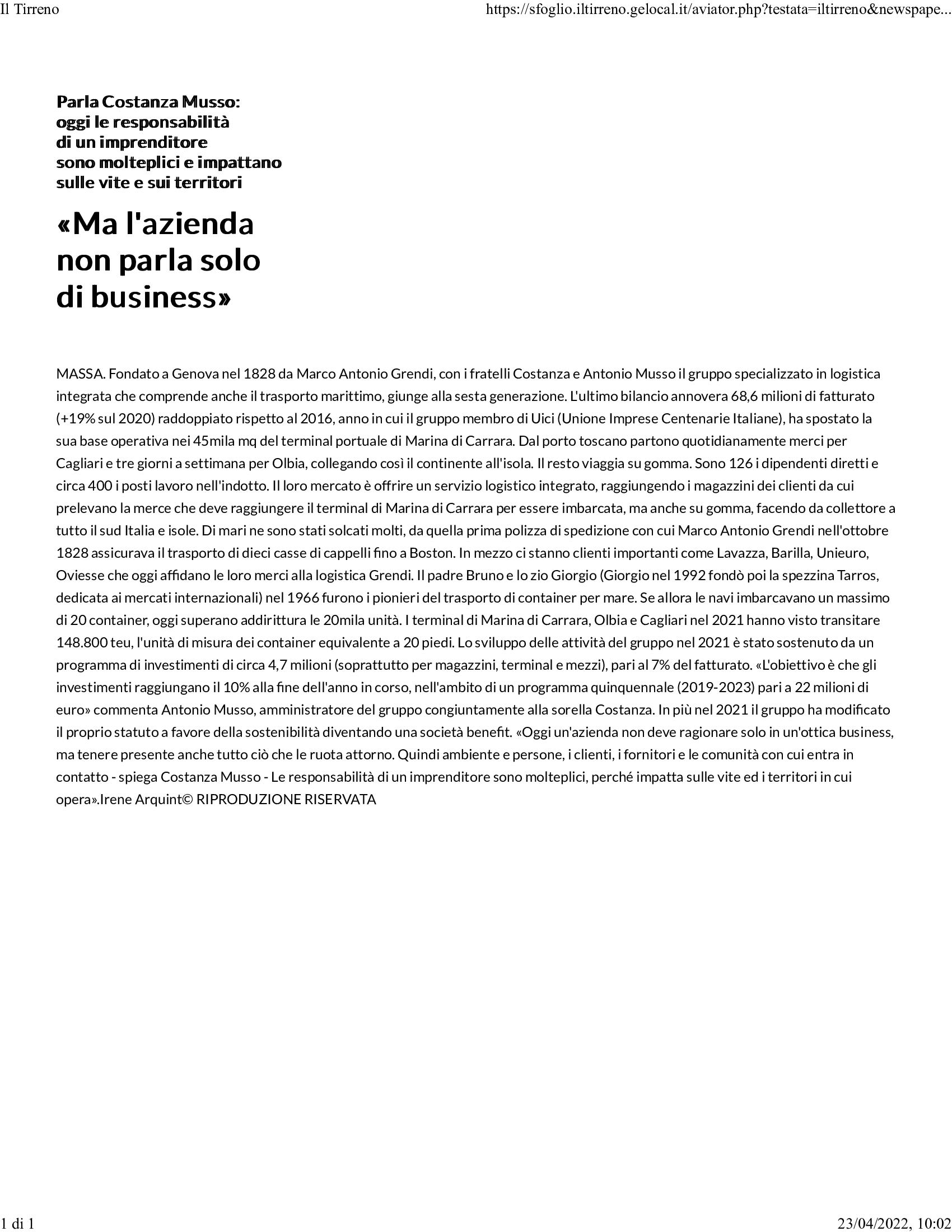 Intervista a Costanza Musso Gruppo Grendi Il Tirreno 23 aprile 2022