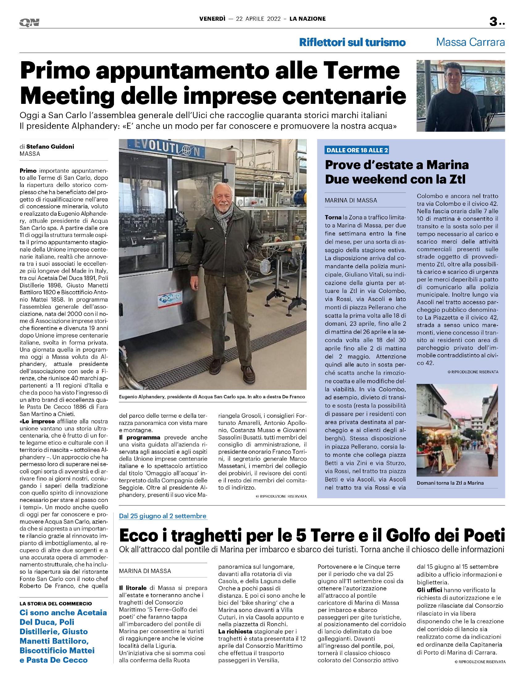 Primo appuntamento alle Terme. Meeting delle imprese centenarie La Nazione 22 aprile 2022