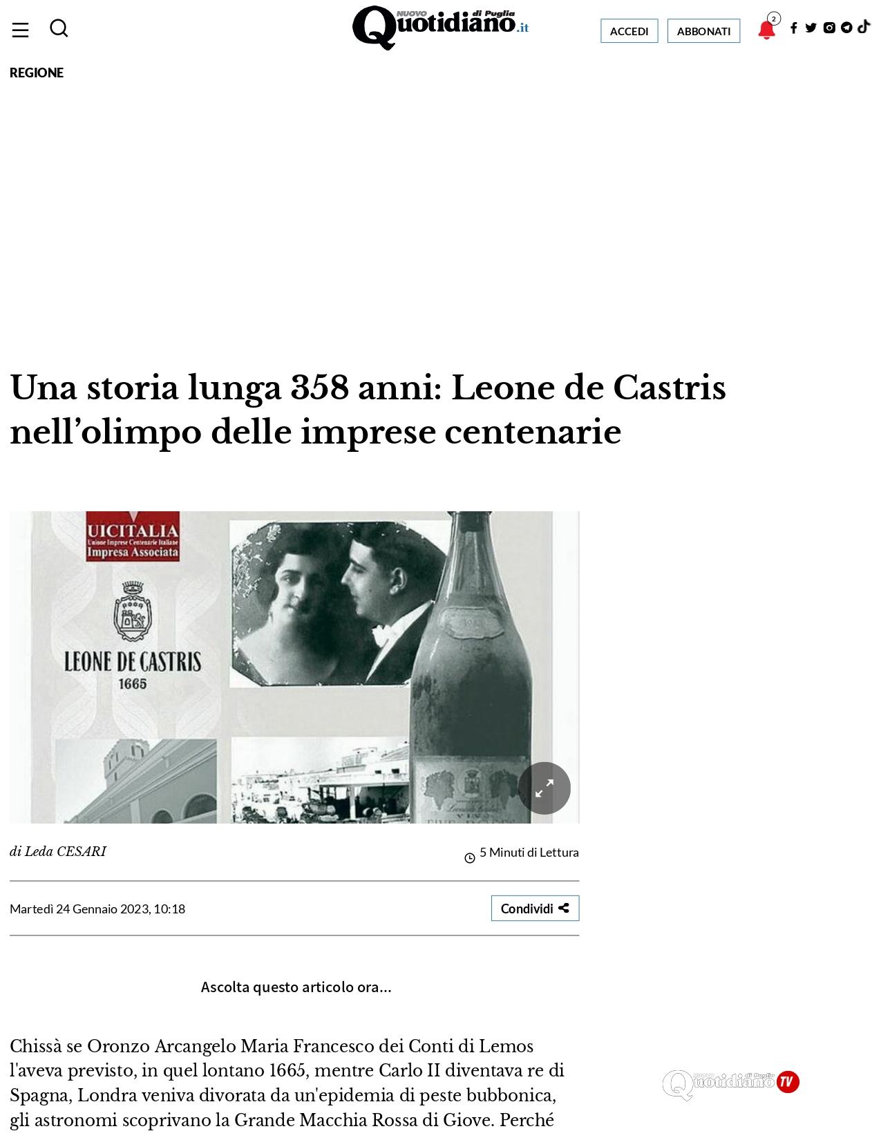 Il Nuovo Quotidiano di Puglia – Una storia lunga 358 anni Leone de Castris nell’olimpo delle imprese centenarie
