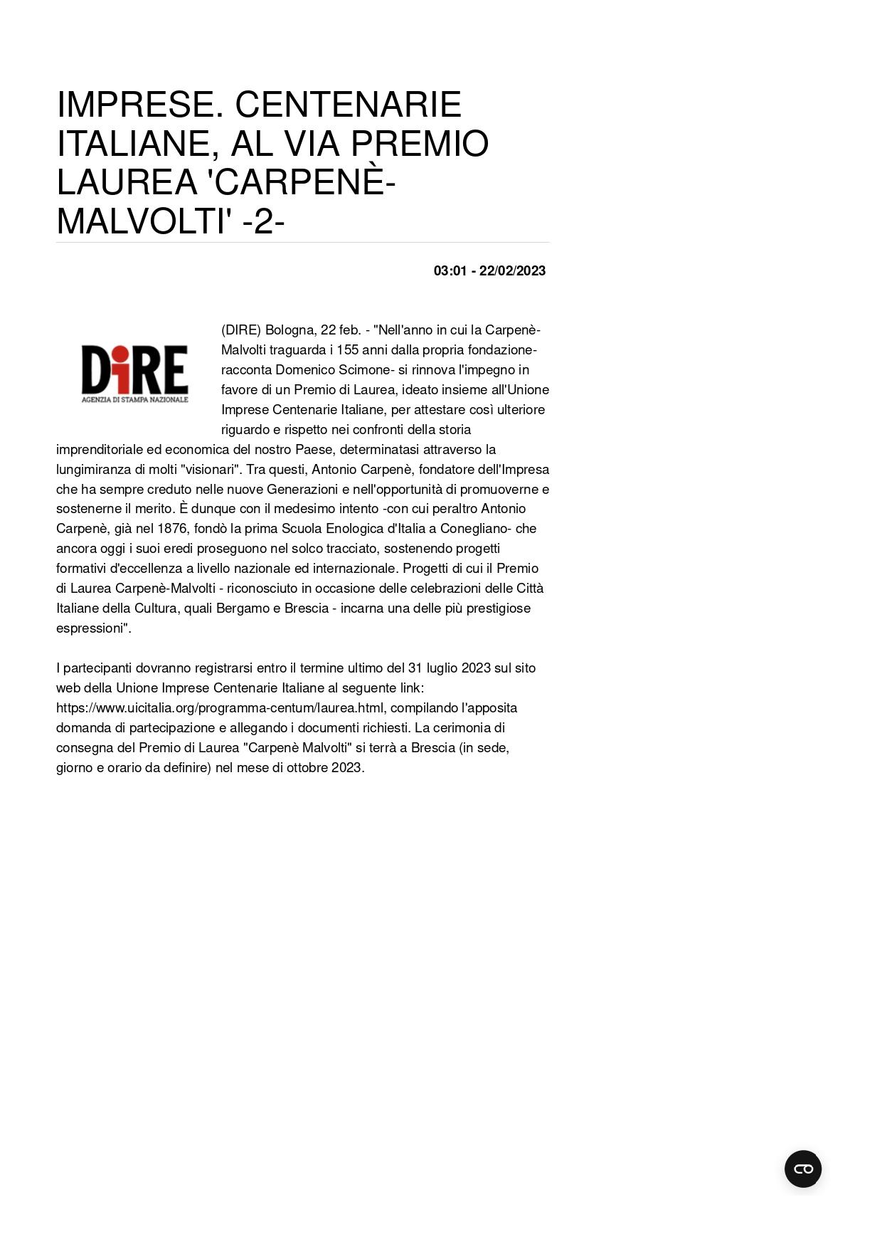 Agenzia Dire – Al via Premio Laurea Carpenè-Malvolti