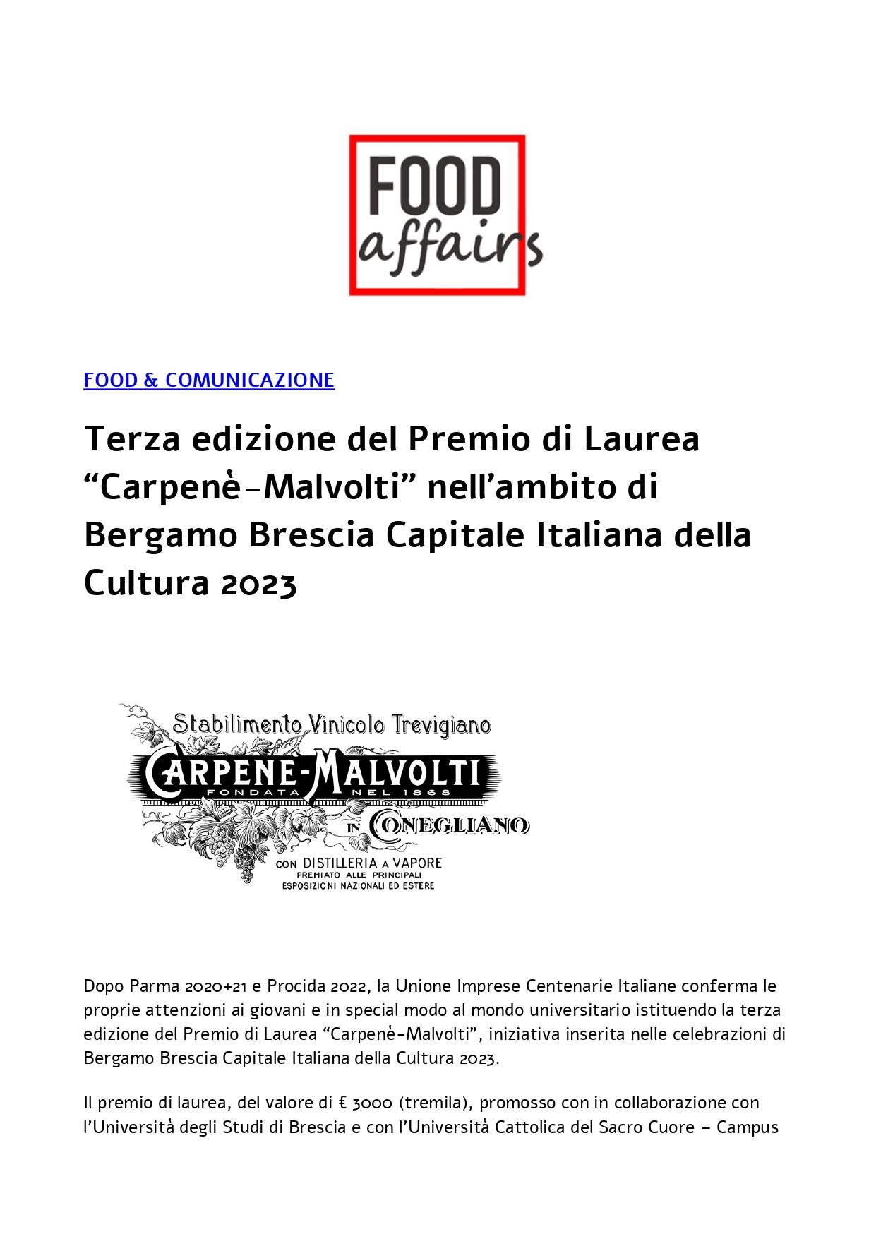 Food Affairs – Terza edizione del Premio di Laurea Carpenè-Malvolti