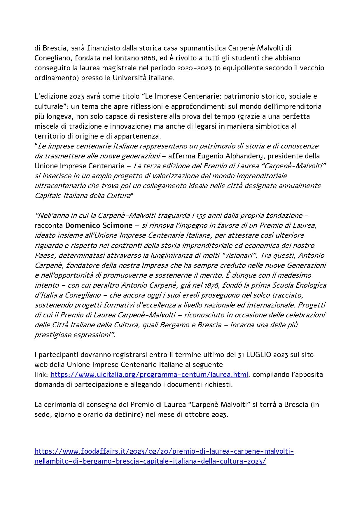 Food Affairs Terza edizione del Premio di Laurea Carpenè Malvolti 20 febbraio 2023 page 0002