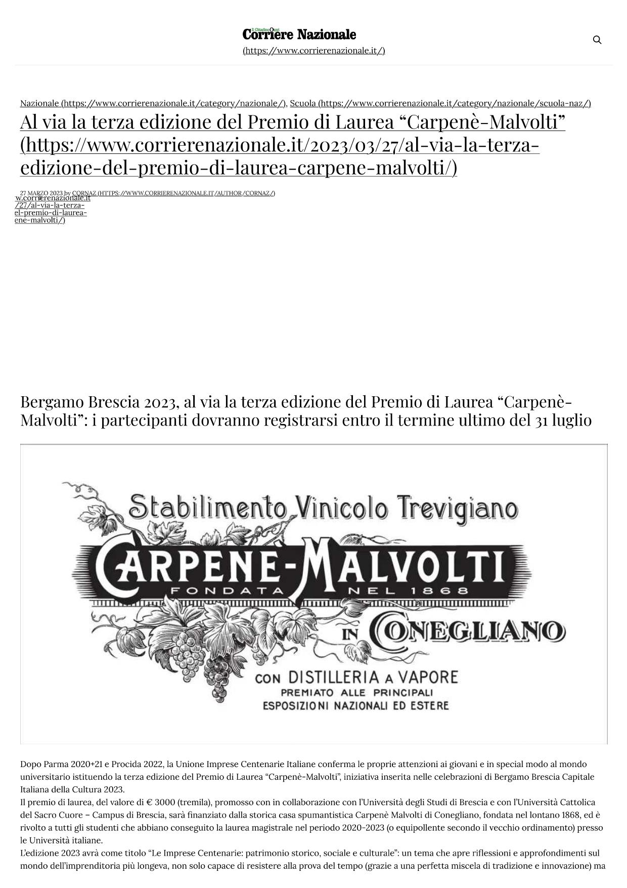 Corriere Nazionale – Al via la terza edizione del Premio di Laurea _Carpenè-Malvolti