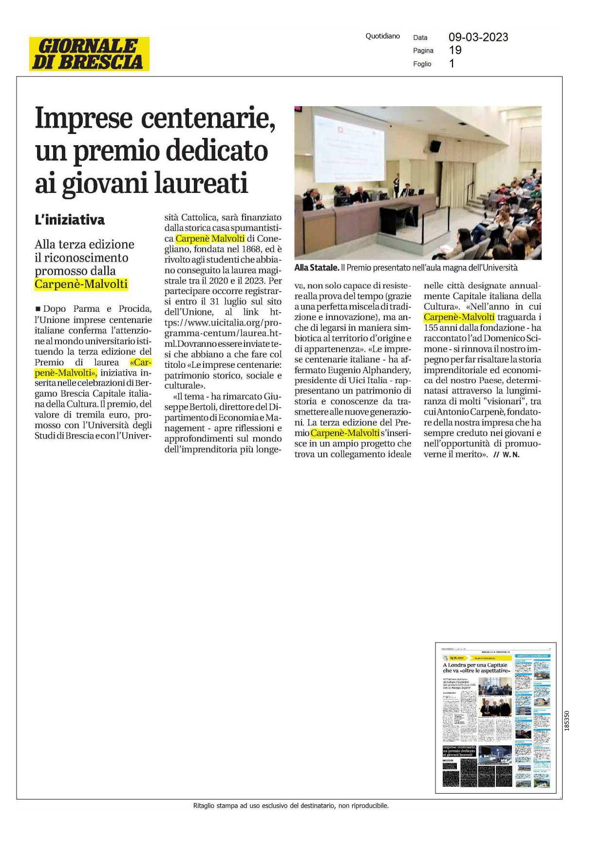 Giornale di Brescia – Imprese centenarie, un premio dedicato ai giovani studenti