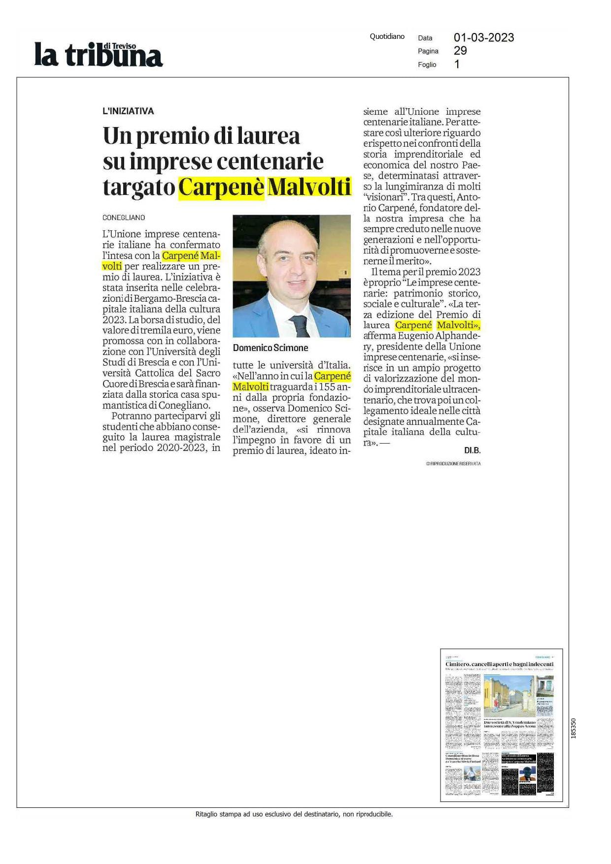 La Tribuna di Treviso – Un premio di laurea sulla imprese centenarie targato Carpenè-Malvolti