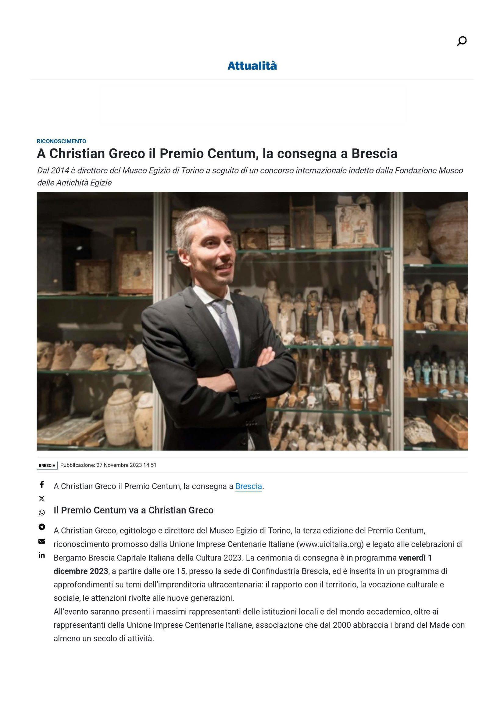 Primabrescia – A Christian Greco il Premio Centum, a Brescia la consegna
