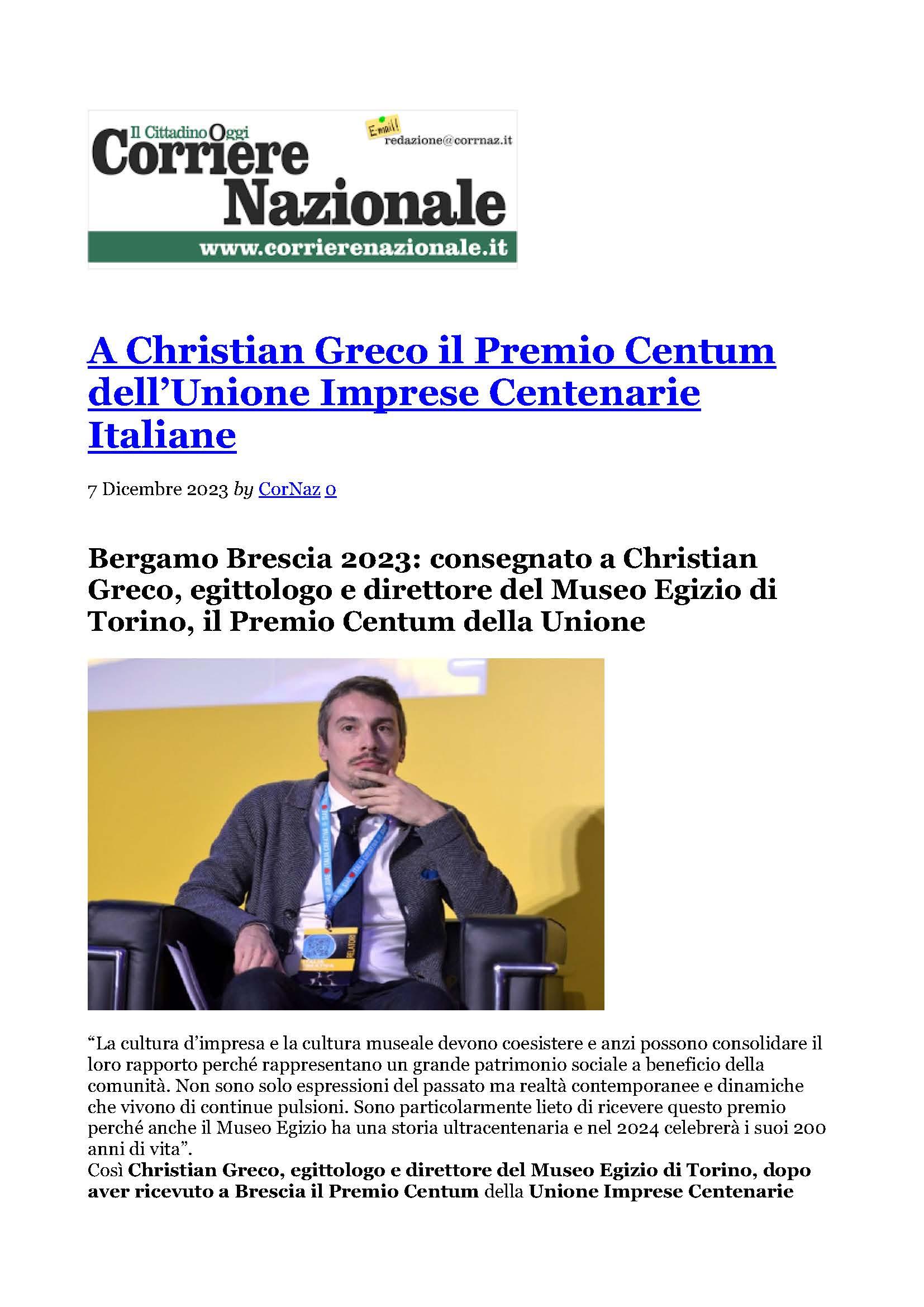 Corriere Nazionale – A Christian Greco il Premio Centum della Unione Imprese Centenarie Italiane
