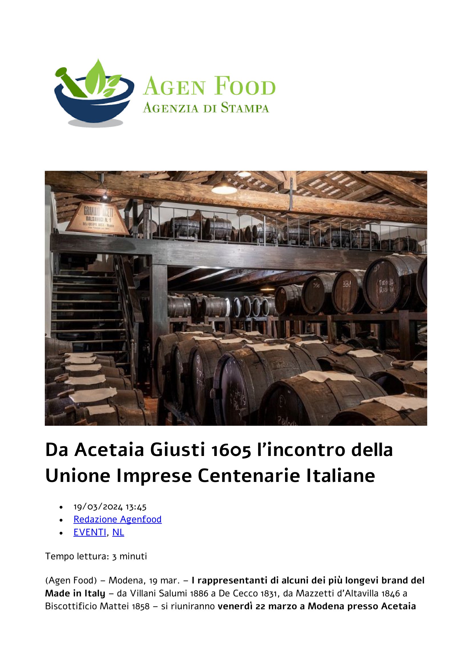 Agenfood – Da Acetaia Giusti l’incontro della Unione Imprese Centenarie Italiane, 19 marzo 2024