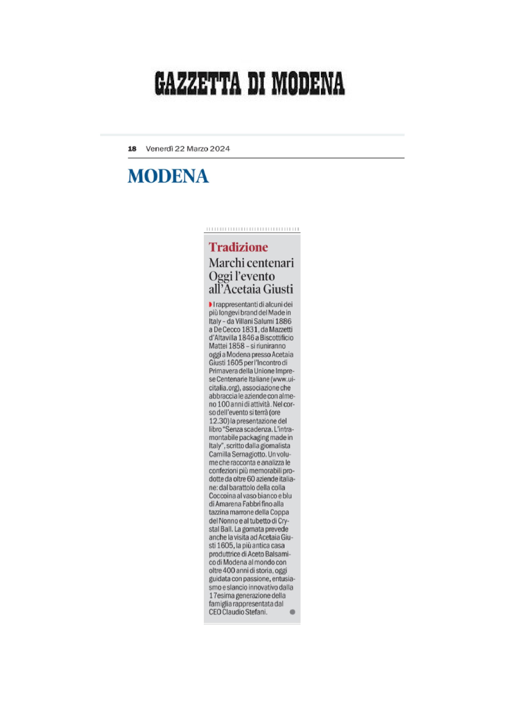 Gazzetta di Modena – Marchi centenari, oggi l’evento all’Acetaia Giusti, 22 marzo 2024