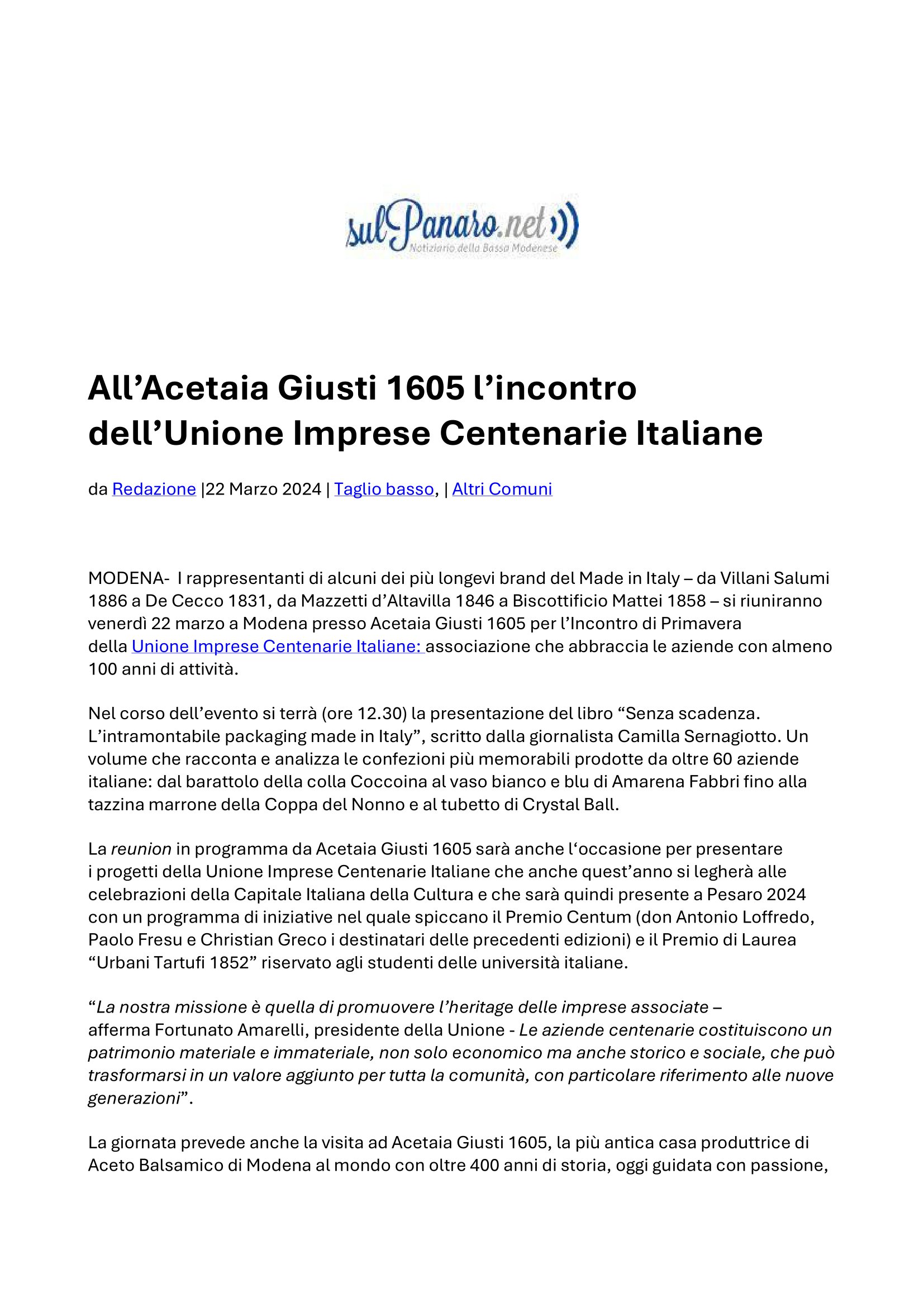 Sul Panaro News – All’Acetaia Giusti l’incontro della Unione Imprese Centenarie, 22 marzo 2024