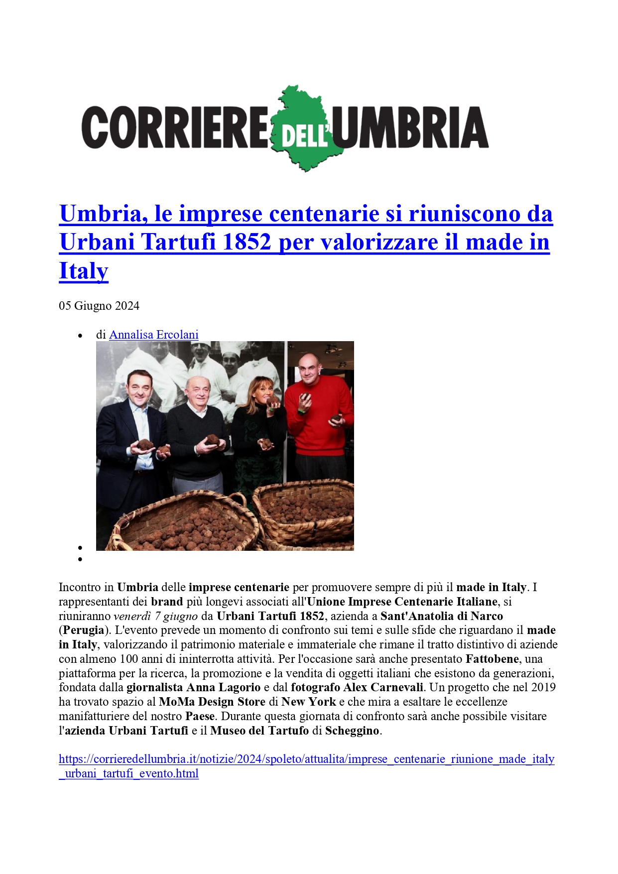 0001 Corriere dell'Umbria Le imprese centenarie si riuniscono da Urbani Tartufi 1852 per valorizzare il made in Italy, 5 giugno 2024 page 0001