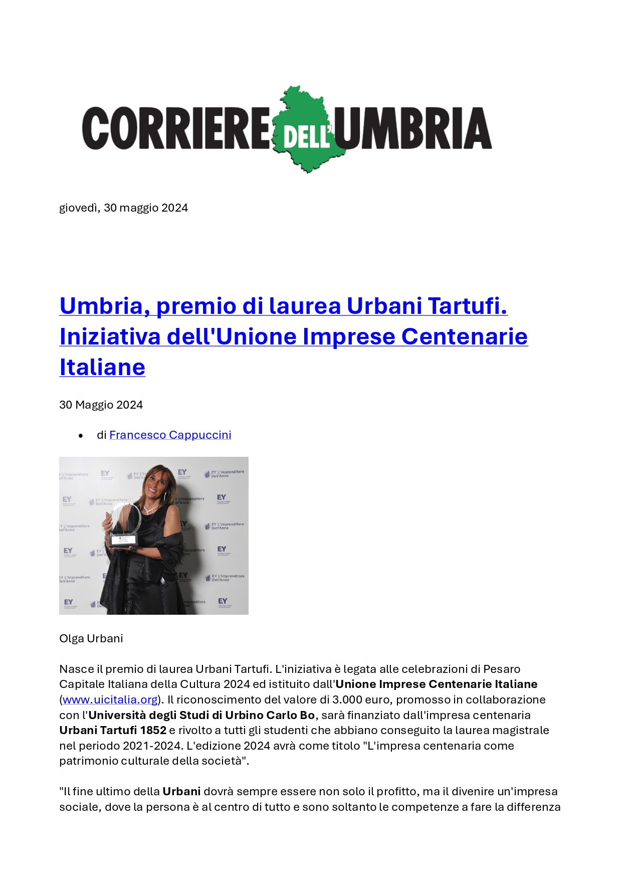 1 Corriere dell'Umbria Umbria, premio di laurea Urbani Tartufi. Iniziativa dell'Unione Imprese Centenarie Italiane, 30 maggio 2024 page 0001