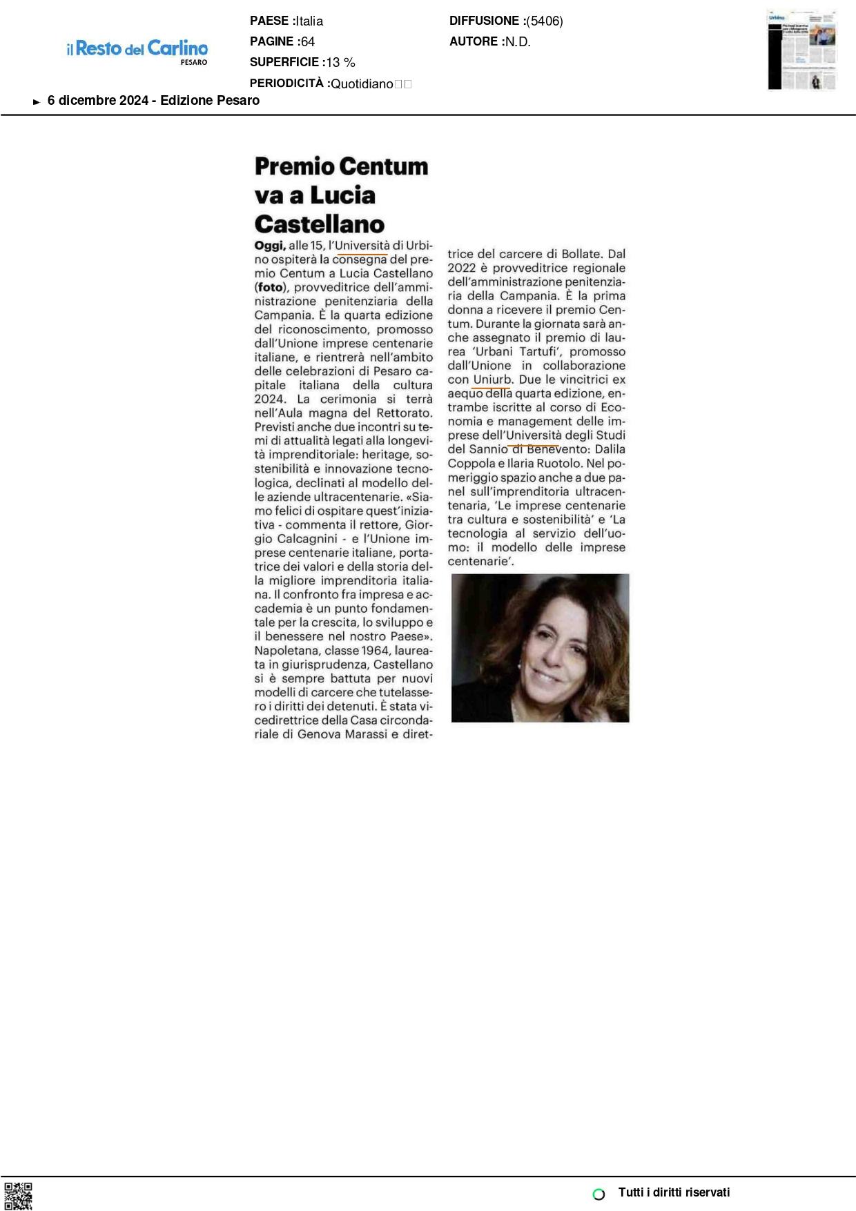 5 Il Resto del Carlino Premio Centum va a Lucia Castellano 6 dicembre 2024 page 0001