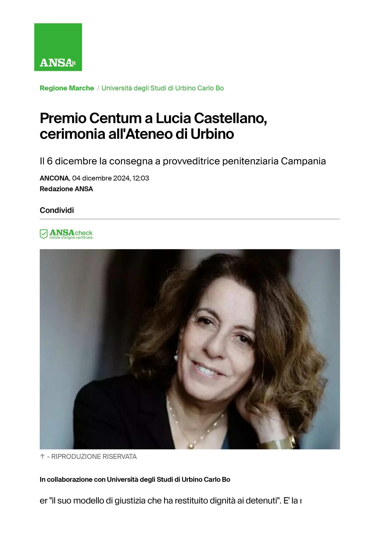 Ansa Premio Centum a Lucia Castellano cerimonia allAteneo di Urbino 4 dicembre 2024 page 0001