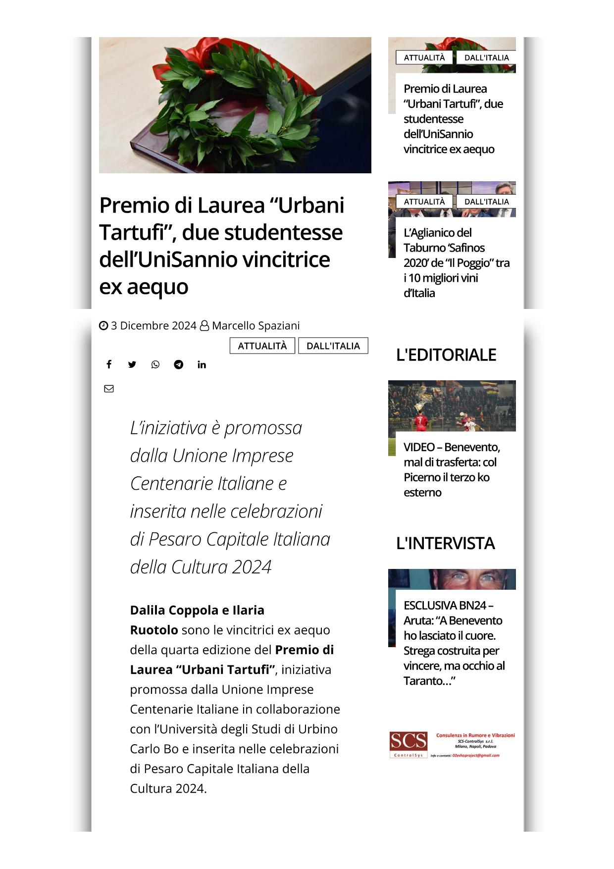 Benevento News 24 Premio di Laurea Urbani Tartufi due studentesse dellUniSannio vincitrici ex aequo 3 dicembre 2024 page 0002