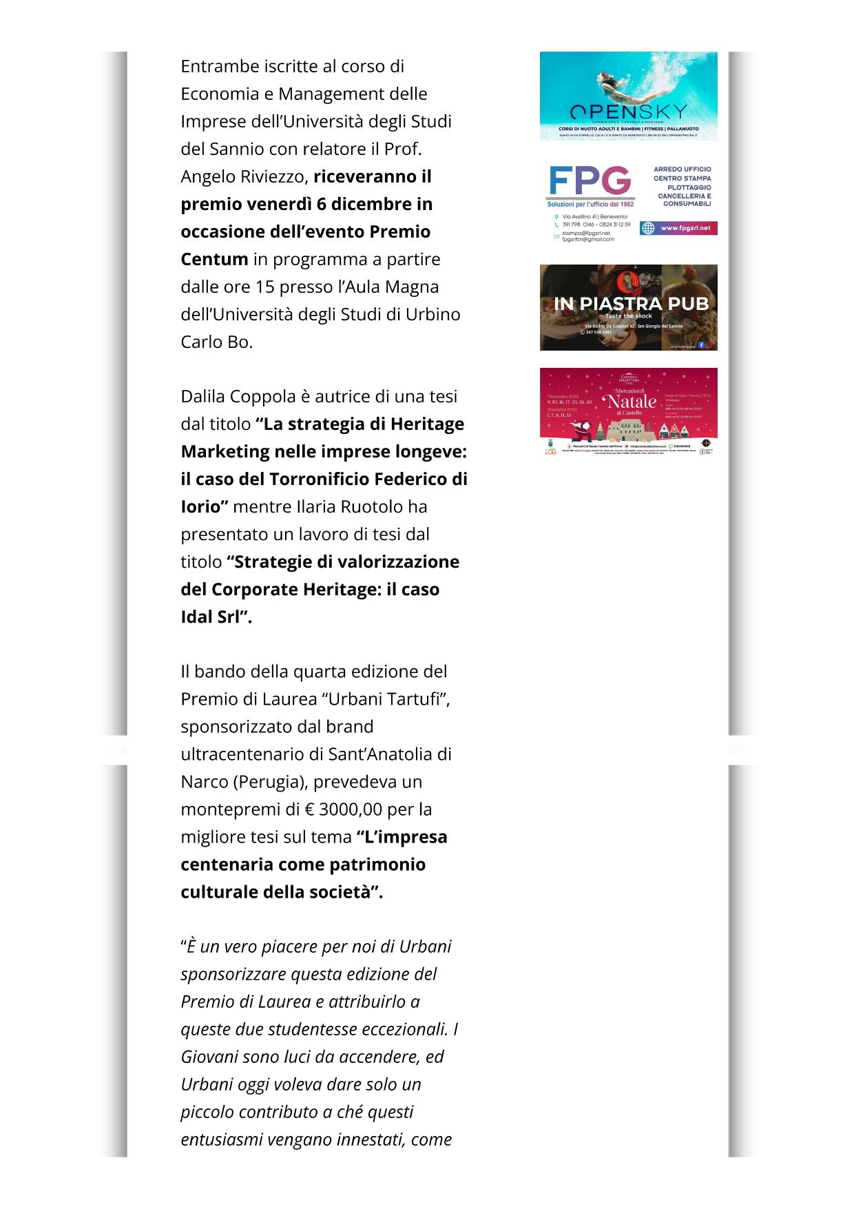 Benevento News 24 Premio di Laurea Urbani Tartufi due studentesse dellUniSannio vincitrici ex aequo 3 dicembre 2024 page 0003